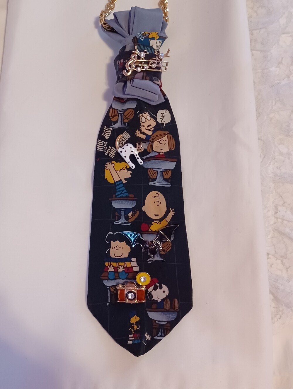 Upcycled Custom PEANUTS Necktie Necklace Vtg Anne Klein Chain w Brooches - Picture 5 of 6